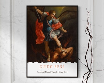 Guido Reni - Archangel Michael Tramples Satan (1635) - Exhibition Poster - Painting Poster Print Art Gift - Bible Christian Fight Defeats