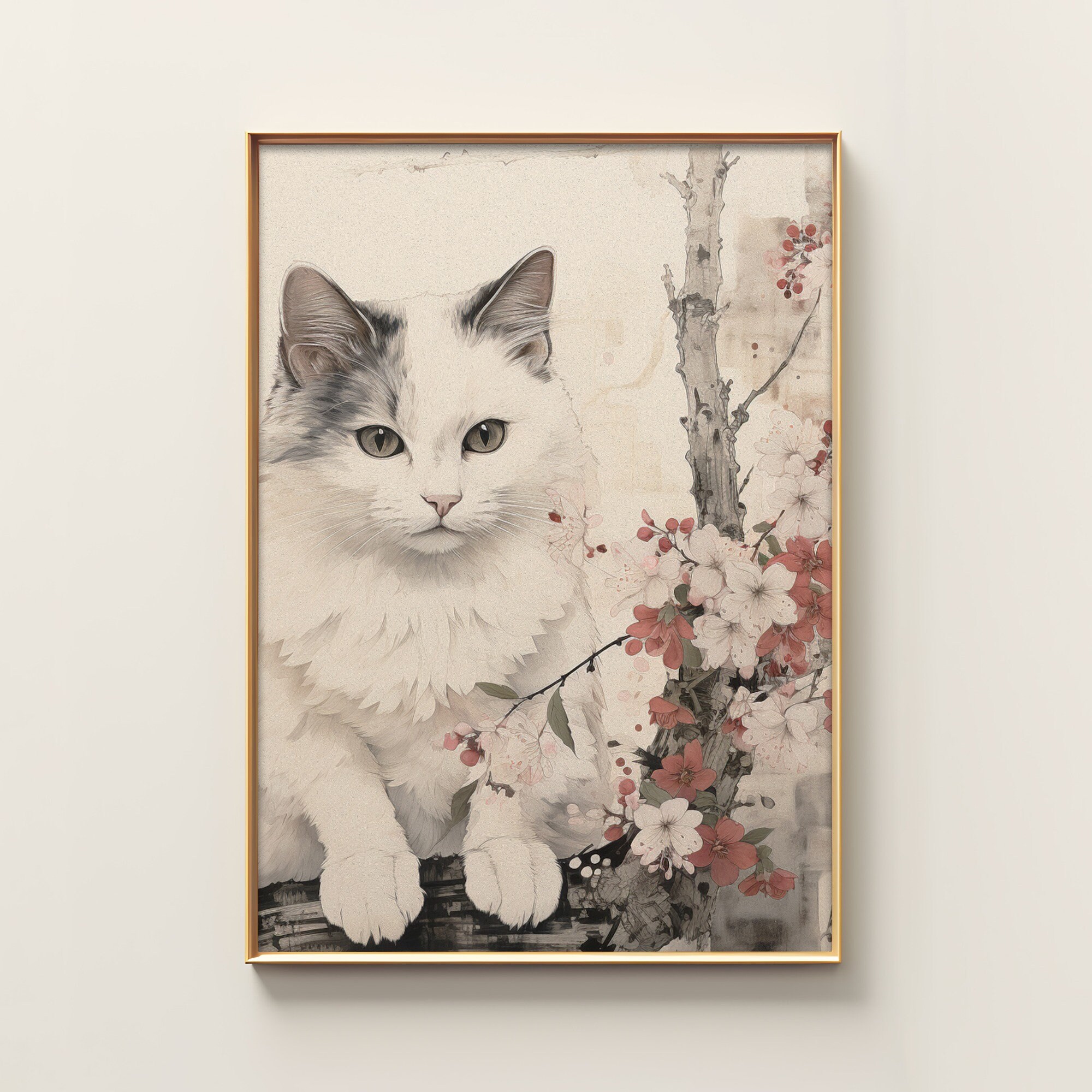 Japanese White Cat Poster | Animal Poster | White Cat Art Print ...