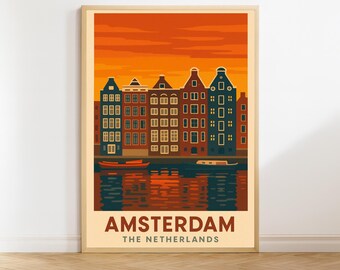 Poster di viaggio vintage di Amsterdam, decorazione murale dei Paesi Bassi, stampa di Amsterdam, arredamento retrò da parete, regalo di viaggio in Europa