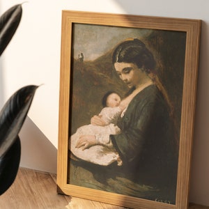 Camille Corot - Mother and Child (1860) | Vintage Antique Painting Home Luxury Decor Poster Print Woman Portrait Baroque Wall Art