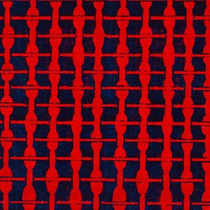 May include: A repeating pattern of red shapes on a dark blue background. The shapes are vertical, with a rounded top and bottom, connected by horizontal lines. The design has a textured, almost hand-painted appearance.
