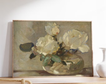 Vintage Flower Oil Painting | Antique Flower Print | Neutral Flower Wall Art | Still Life Flower | Still Life Poster | Kitchen Wall Decor