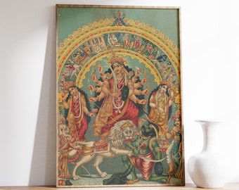 Shri Shri Durga with Mahisha Trisula Lakshmi Saraswati (1890) - Vintage Painting Poster Print Art Gift - Wall Art- Home Decor - Hindu God