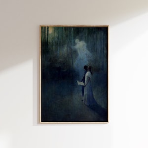 a painting of a man and a woman standing in a dark forest