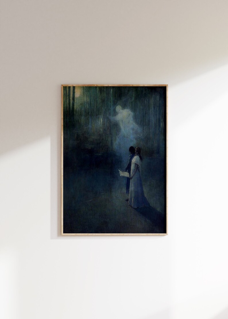 a painting of a man and a woman standing in a dark forest