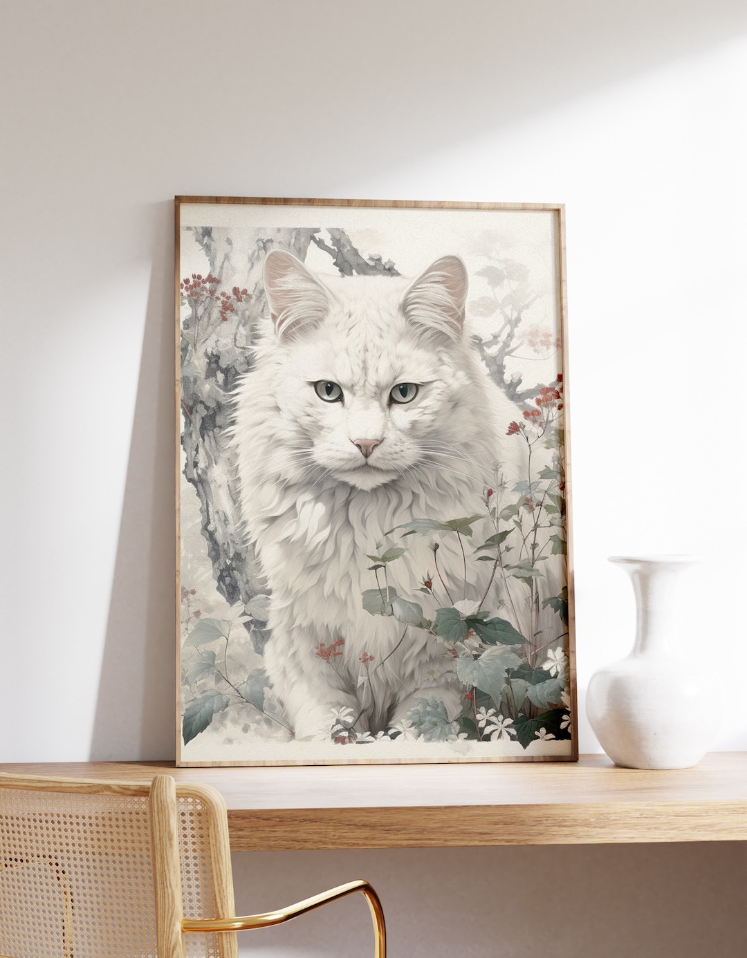 Japanese White Cat Poster | Animal Poster | White Cat Art Print ...