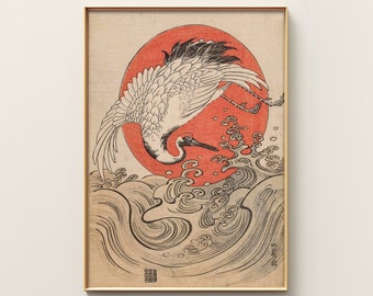 Japoński druk artystyczny z żurawiem | Ogata Korin - Żurawie | Grafika przyrodnicza | Grafika japońska | Grafika ukiyo-e | Grafika zwierzęca | Japoński wystrój