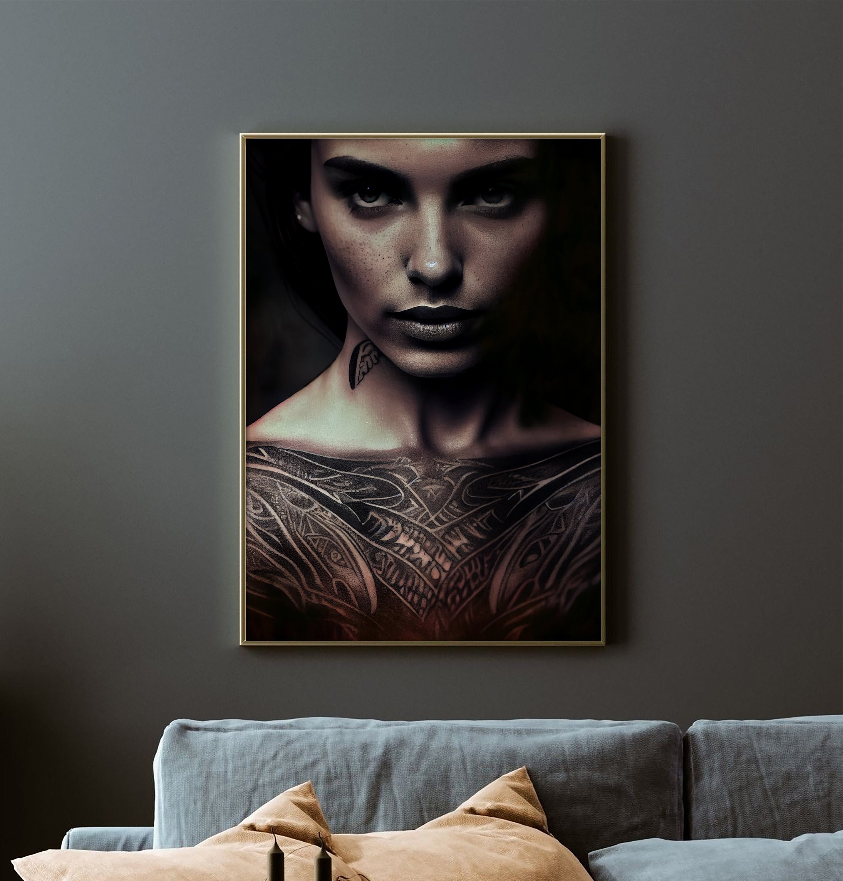 Dark Portrait Tattoo Poster | Female Portrait | Neutral Wall Art | Boho ...
