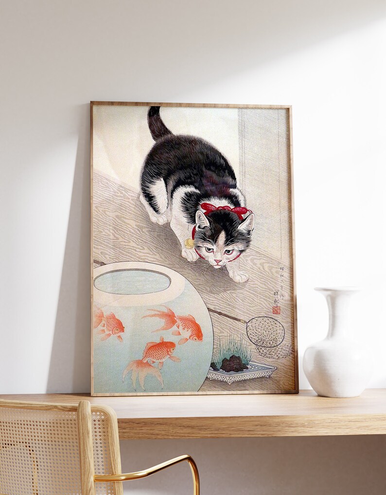 Japanese Cat Art Print | Japanese Decor | Ukiyo-e Print | Goldfish ...