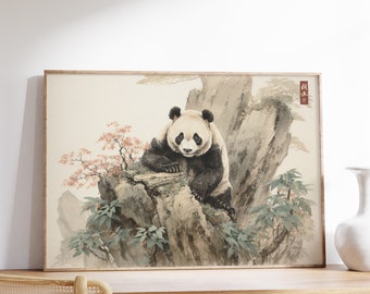 Impressão artística de panda japonês | Arte de parede vintage com animais | Pôster japonês antigo | Gravura tradicional em madeira | Arte oriental