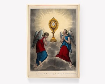 The Adoration Print | Blessed Sacrament Art | Religious Wall Decor | Vintage Painting | Church Print