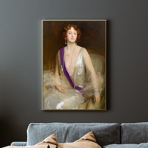 Vintage Sitting Girl Portrait | Antique White Dress Painting | Portrait Oil Painting | Vintage Female Fashion Print | Light Academia Decor