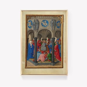 May include: A framed medieval illuminated manuscript illustration. The artwork depicts a scene with figures in colorful robes, seated on a throne, and standing in an arched architectural setting. The frame is gold.