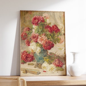 Georges Jeannin - Una naturaleza muerta con rosas en un jarrón y un abanico (1911) / Pintura vintage / Póster de jarrón / Impresión de naturaleza muerta / Arte de pared de rosas