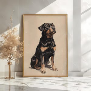 May include: A vintage-style illustration of a black and tan Rottweiler dog sitting and looking up. The dog is depicted in a realistic style with detailed fur and markings. The background is a light beige color.