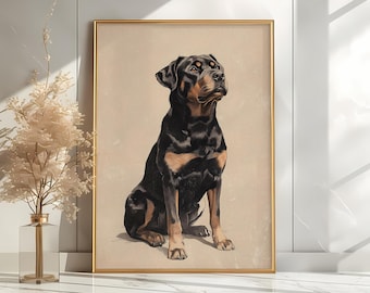 May include: A vintage-style illustration of a black and tan Rottweiler dog sitting and looking up. The dog is depicted in a realistic style with detailed fur and markings. The background is a light beige color.