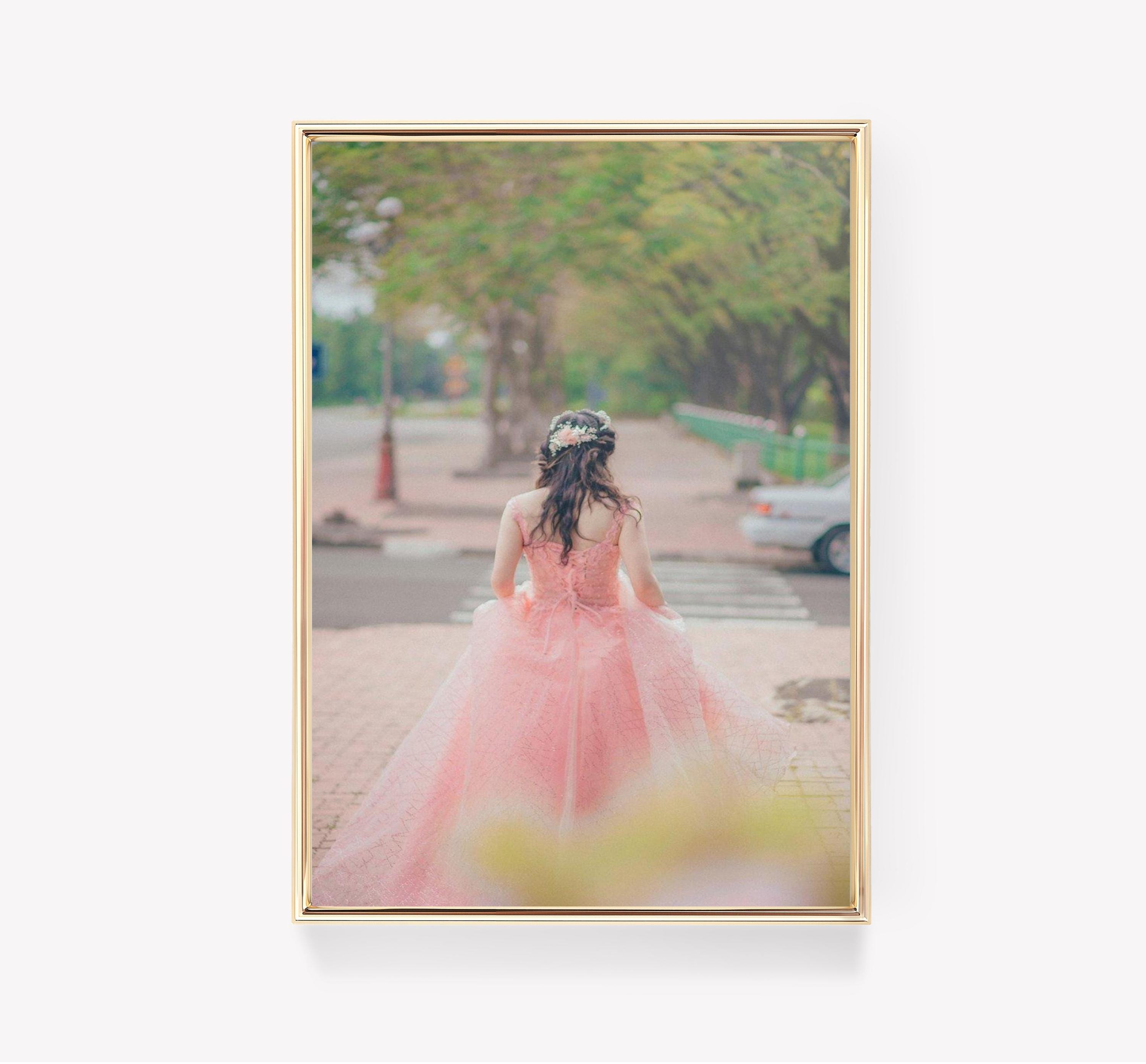 Woman In Pink Gown | Outdoor Stroll Art | Elegant Dress Print | Vintage Painting | 110 Character Limit |