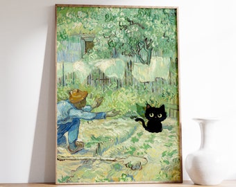 Van Gogh Cat Art Print | Van Gogh Cat Poster | Black Cat Art | Funny Print | Floral Poster | Cat Art Print | Original Minimalist Art