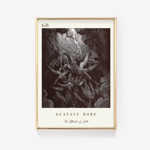 May include: A black and white illustration of angels falling from the sky into a dark, fiery abyss. The image is titled "The Mouth of Hell" and is attributed to Gustave Doré.