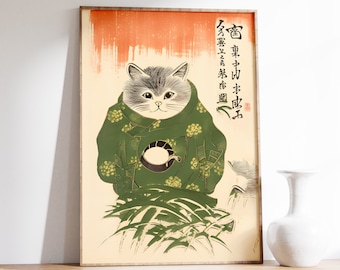 Japanese Cat Poster | Funny Cat Print | Japanese Cat Print | Cat Wall Art | Japanese Poster | Ukiyo-e Art | Oriental Poster