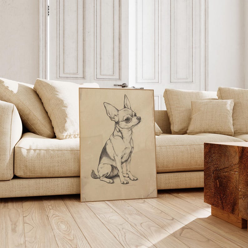 a drawing of a chihuahua sitting on a wood floor