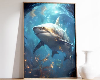 Shark Print | Sea Life Print | Vintage Beach Decor | Nautical Wall Decor | Ocean Aesthetic Poster | Sea Creature | Moody Sea Art