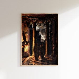 May include: A painting depicting two figures in dark robes standing in a grand, illuminated hall with columns. The figures are looking out a doorway towards a stormy cityscape.