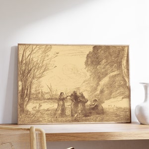 Jean-Baptiste-Camille Corot - Family at Terracina (1871) | Vintage Sketch | Abstract Line Art Print | Drawing Poster | Canvas Decor