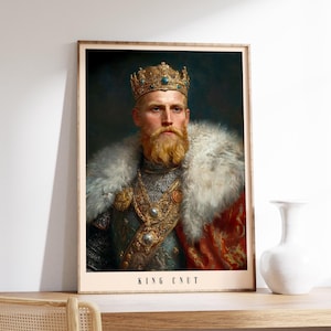 May include: A portrait of King Cnut, a historical figure, wearing a gold crown with blue jewels, a gold chain, and a fur-trimmed robe. The portrait is set against a dark blue background.