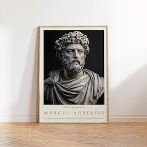 May include: A black and white poster featuring a bust of Marcus Aurelius, a Roman emperor and philosopher. The poster has a white background with black text that reads "The Stoic Philosophy Collection" and "Marcus Aurelius". The text below the bust reads "You have power over your mind - not outside events. Realize this, and you will find strength."