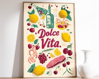 Dolce Vita | Italian Style | Vintage | Food Illustration | Colorful Art | Poster | Home Decor | Wall Art