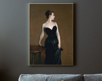 May include: A painting of a woman in a black dress standing next to a table. The woman is wearing a pearl necklace and has her hair pulled back. The background is a muted brown color.