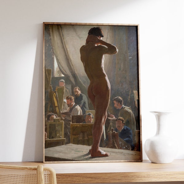 Male Nude Antique Oil Painting | Vintage Male Figurative Art | Vintage Man Nude Artwork | Moody Man Decor | Naked Male Art Framed Print