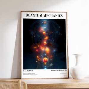 May include: A framed poster with a dark blue background and a colorful geometric design. The poster features the text "Quantum Mechanics" and "Max Planck" with a quote from him. The poster also includes the text "Early 20th Century" and "Germany, Denmark" with the year "1900s".