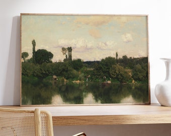 Martin Rico y Ortega - On the Seine (1869) | Lake Landscape Print Canvas Painting Cloudy Sky Vintage Antique Gift Decor Poster Wall Art