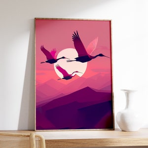 Impresión de grullas voladoras / Arte mural con pájaros / Póster de cielo rosa / Decoración de pared bohemia / Impresión de pájaros exóticos / Arte mural para dormitorio / Arte mural japonés