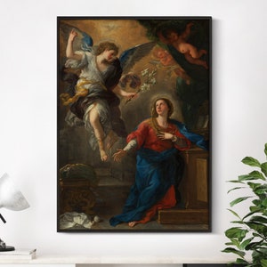 May include: A framed print of a classical painting depicting a religious scene. An angel in flowing robes with blue wings offers flowers to a woman in a red and blue gown. The artwork has a dark background with cherubs.