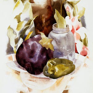 Stillleben Poster | Vintage Gemälde | Morandi Druck | Glas Kunstdruck | Aubergine Wand Kunst | Grüner Pfeffer