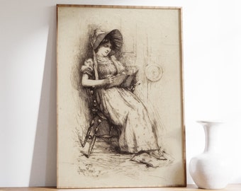 Edward Percy Moran - Junges Mädchen mit Hut (1880) | Vintage Druck, Porträt Frau, die ein Buch liest Poster, Skizze Malerei, Zeichnung Decor