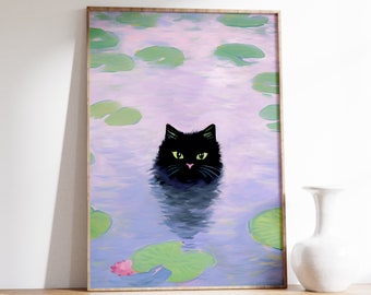 Stampa del gatto con le ninfee di Monet / Stampa divertente / Poster del gatto di Claude Monet / Arte del gatto nero / Poster floreale / Poster della mostra / Stampa artistica del gatto