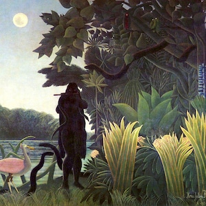 May include: A painting of a dark figure playing a flute in a lush jungle setting. The figure is surrounded by large green leaves, a winding river, and a bright moon in the sky.