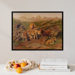 Rosa Bonheur - Destete de los terneros (1879) / Granja Vaca Animal Paisaje Pintura Lienzo Rústico Decoración Antigua Impresión Vintage Cartel Arte de la pared