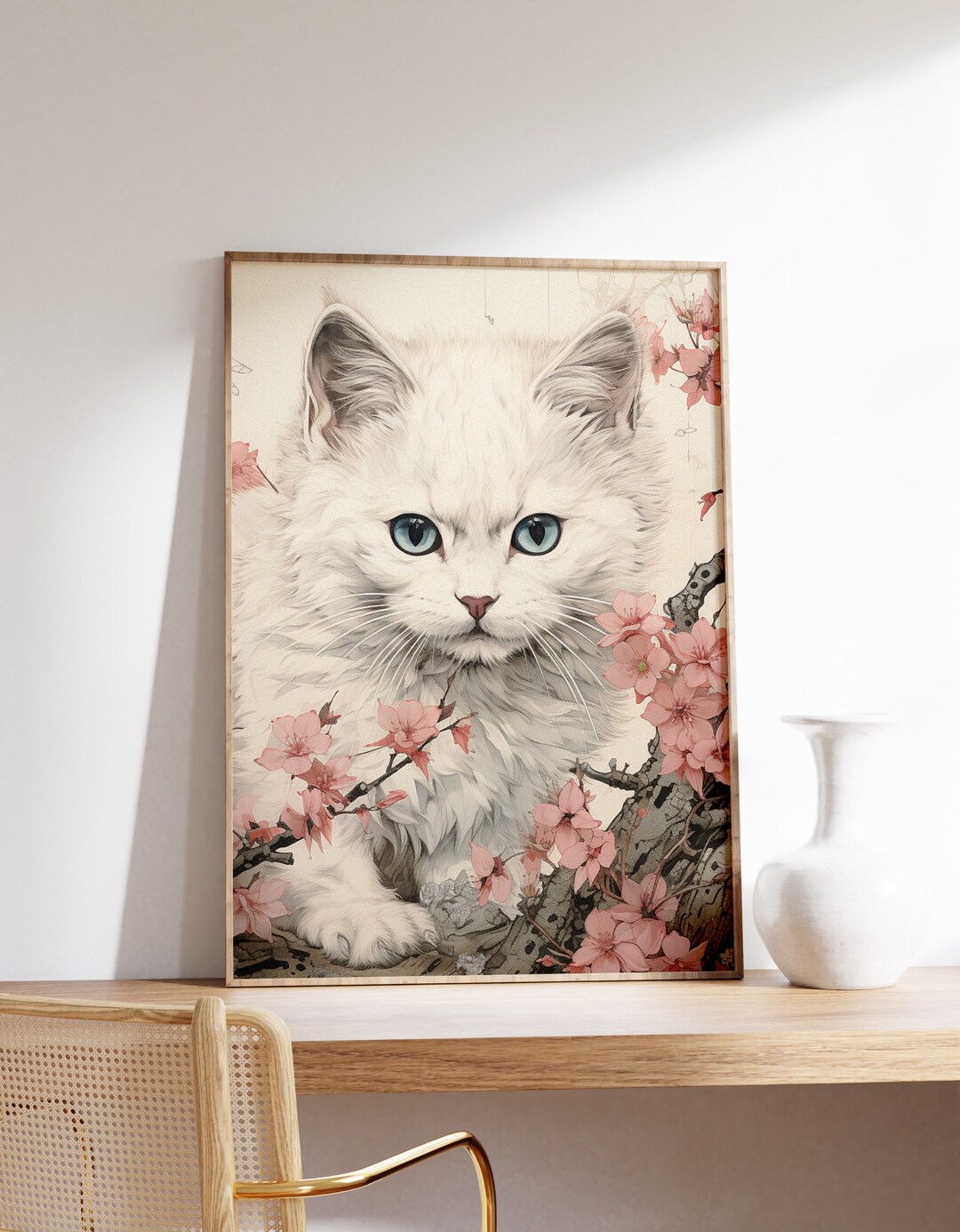 Japanese White Kitten Poster | Animal Poster | White Kitten Art Print ...