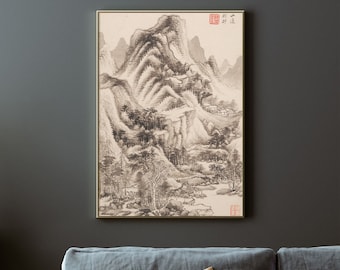 Malarstwo z antycznej porcelany | Antyczna sztuka chińska | Chińska sztuka ścienna | Dekoracje górskie | Szkic, rysunek, plakat na płótnie, prezent na ścianę Lofi