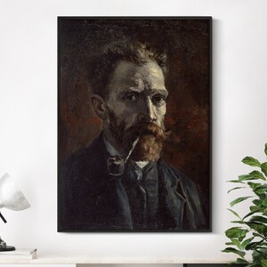 Van Gogh Print | Self Portrait with Pipe (1886) | Vintage Oil Painting, Dark Moody Portrait, Dark Academia Decor, Van Gogh Poster