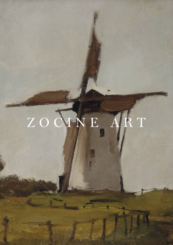 ARTZIO Bauernhaus Ölgemälde Gerahmt – Windmühle Im Reisfeld, Vintage Landschaftsbild 20x25 Cm, Fertig Zum Aufhängen