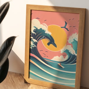 May include: A framed print of a whale jumping over a large wave with a sunset in the background. The wave is blue and green, and the sunset is pink and orange. There is a small boat in the water below the wave.