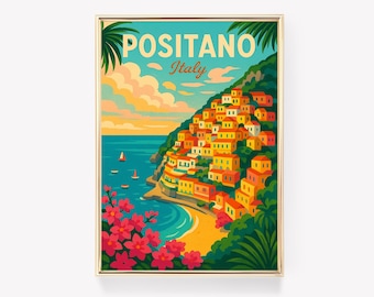 Poster di viaggio di Positano, arte murale italiana, stampa di Positano, decorazione murale italiana, arte vintage italiana