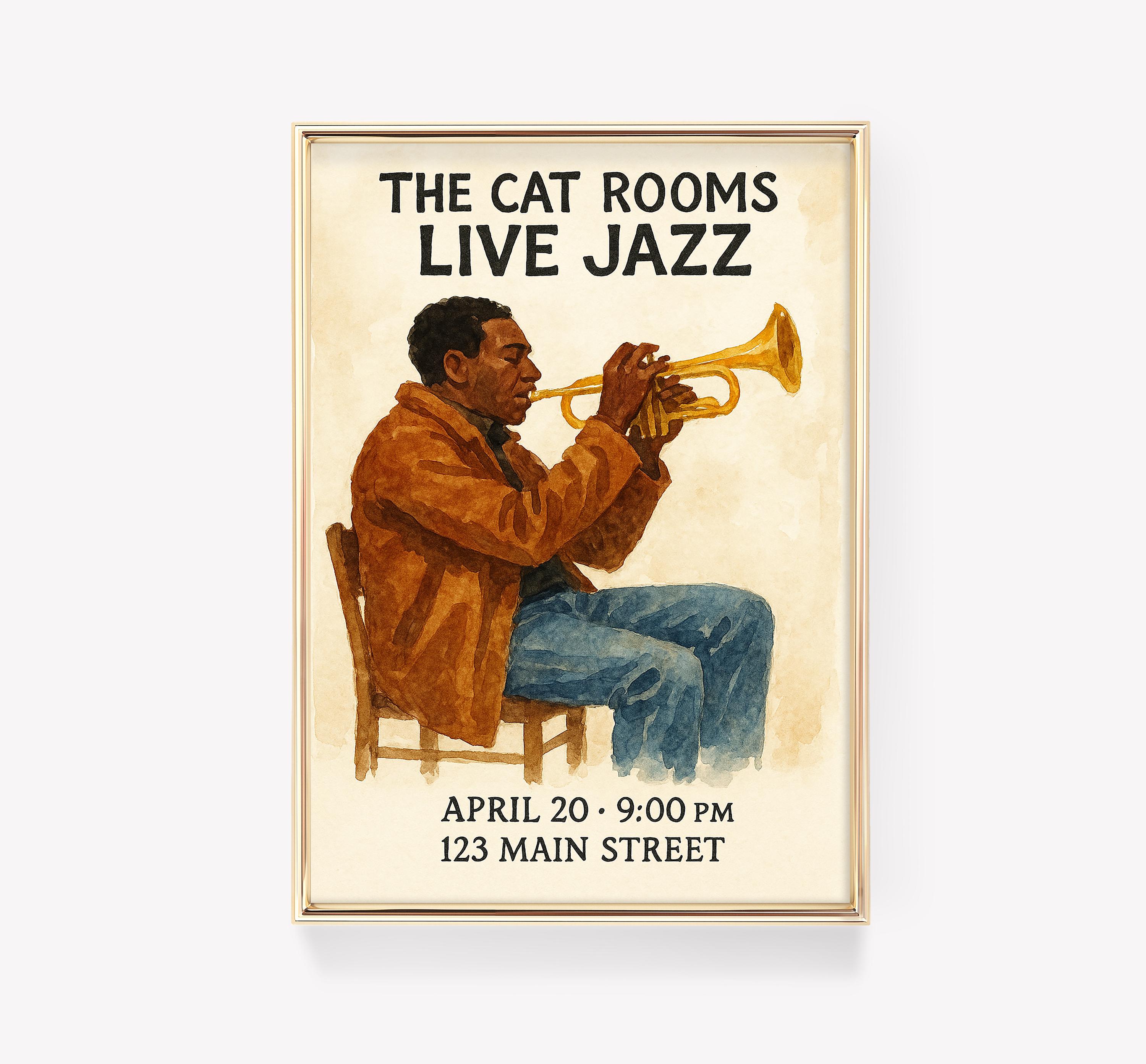 The Cat Rooms Live Jazz Poster – Watercolor Trumpet Player Print