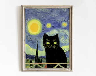 Van Gogh Cat Art Print | Vincent Van Gogh's The Starry Night Cat Print | Van Gogh Cat Poster | Black Cat Art | Cat Art Print | Kitchen Print